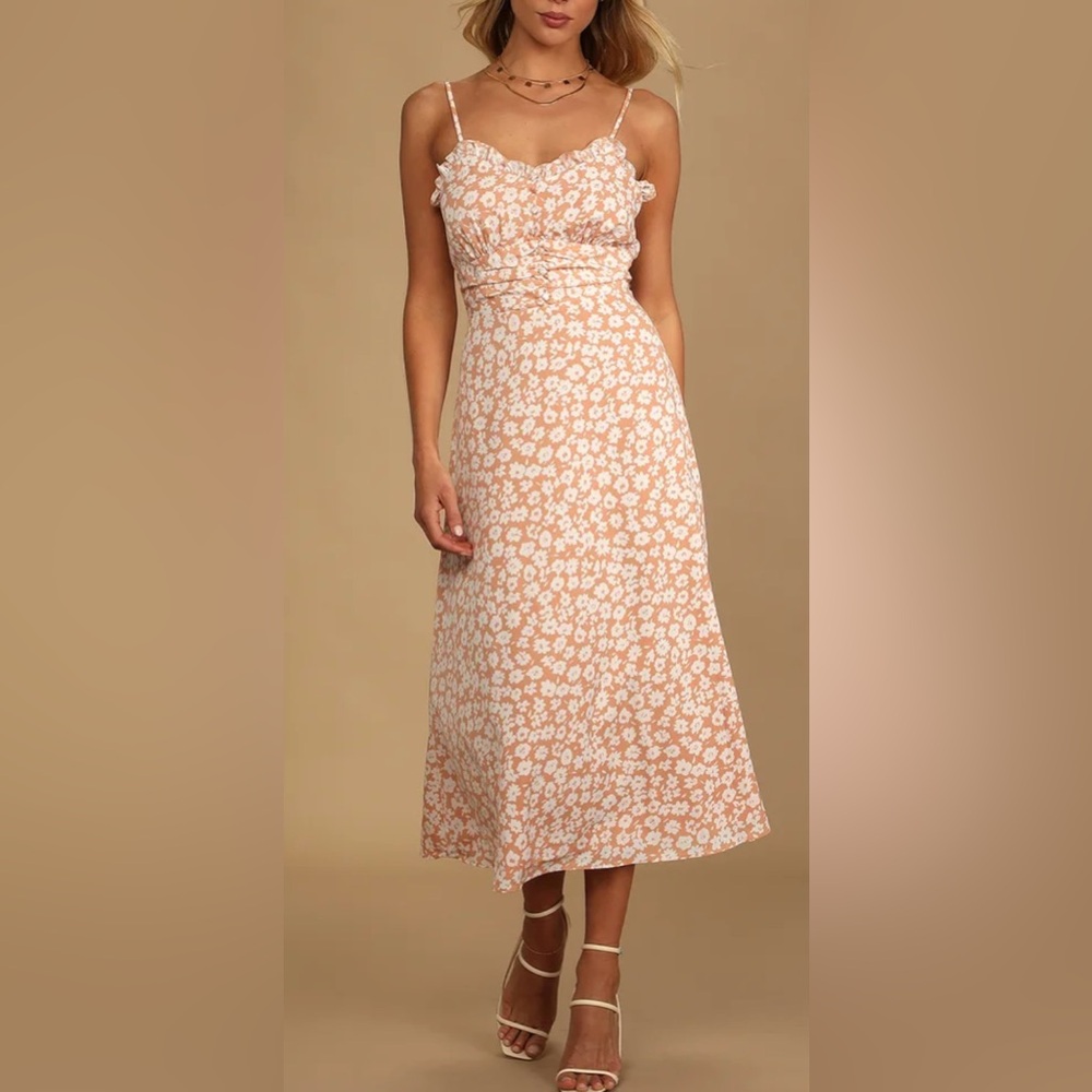 NWT Lulu’s x Lush Small Timeless Touch Peach Floral Print A-Line Midi Dress - Picture 15 of 16